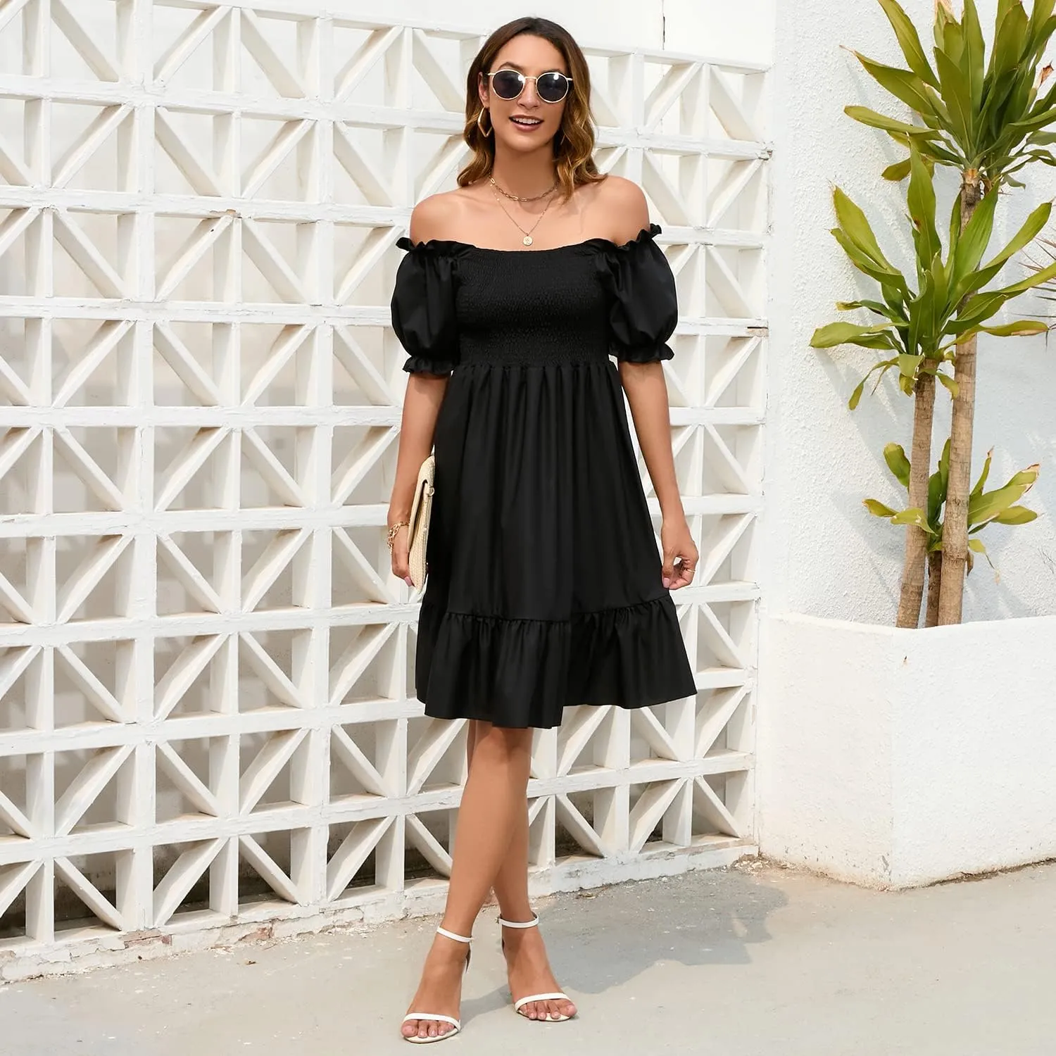 Women's Summer Dresses Square Neck Long Puff Sleeve Flowy A Line Casual Shirred Ruffle Mini Dresses