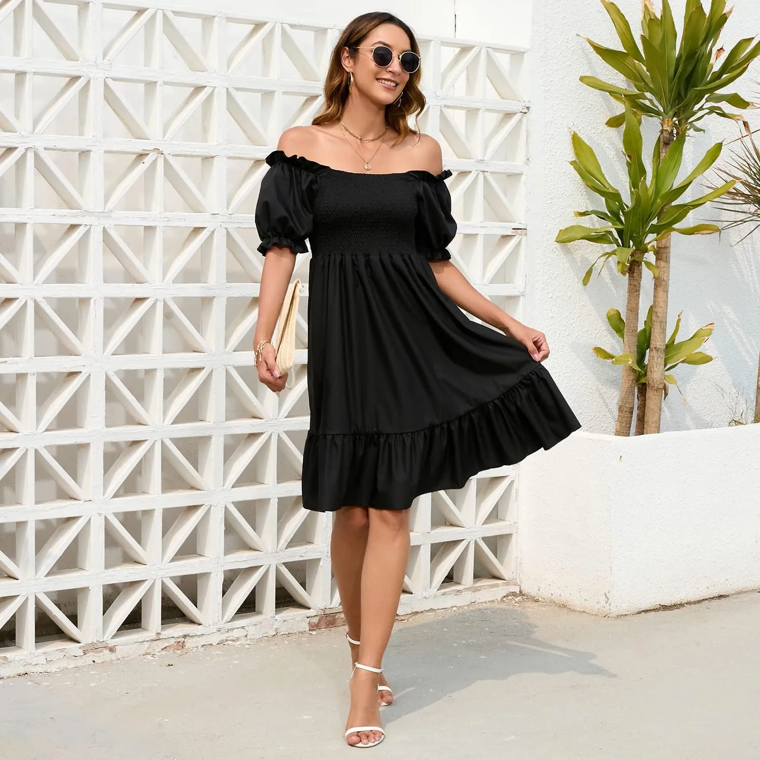 Women's Summer Dresses Square Neck Long Puff Sleeve Flowy A Line Casual Shirred Ruffle Mini Dresses