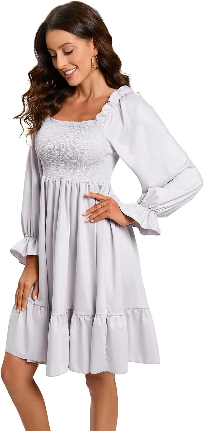 Women's Summer Dresses Square Neck Long Puff Sleeve Flowy A Line Casual Shirred Ruffle Mini Dresses
