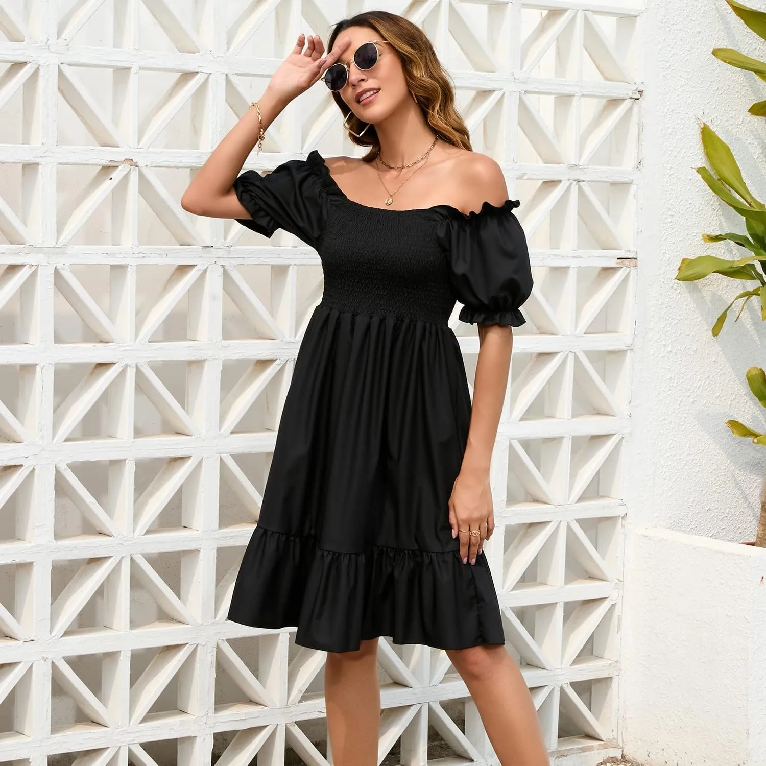 Women's Summer Dresses Square Neck Long Puff Sleeve Flowy A Line Casual Shirred Ruffle Mini Dresses