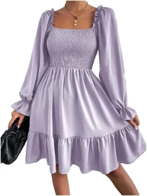 Women's Summer Dresses Square Neck Long Puff Sleeve Flowy A Line Casual Shirred Ruffle Mini Dresses