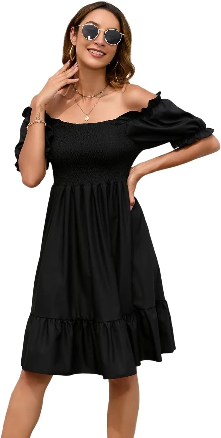 Women's Summer Dresses Square Neck Long Puff Sleeve Flowy A Line Casual Shirred Ruffle Mini Dresses
