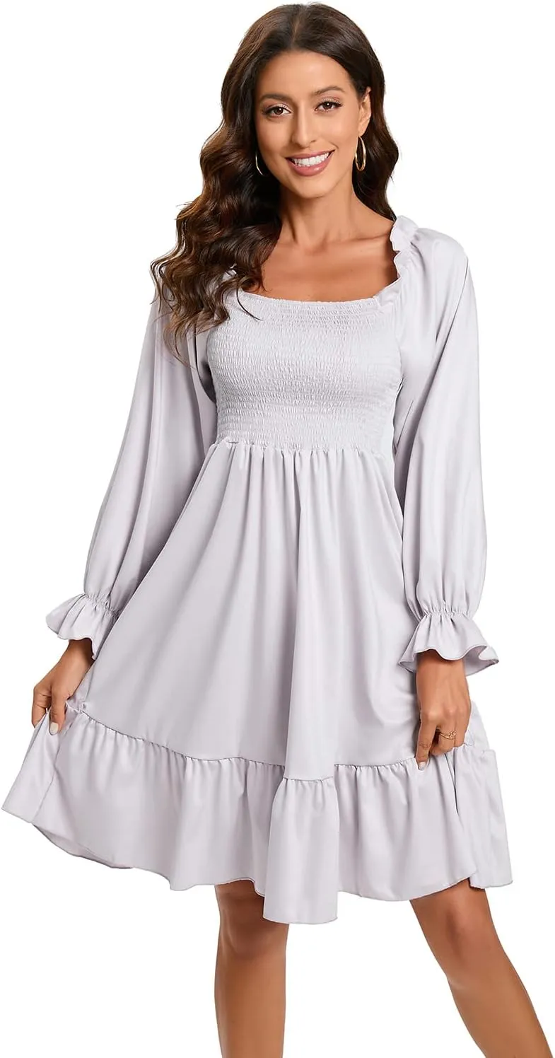 Women's Summer Dresses Square Neck Long Puff Sleeve Flowy A Line Casual Shirred Ruffle Mini Dresses