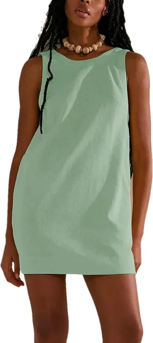Womens Summer Open Back Sunshine Dresses 2024 Casual Beach Cotton Linen Mini Dress