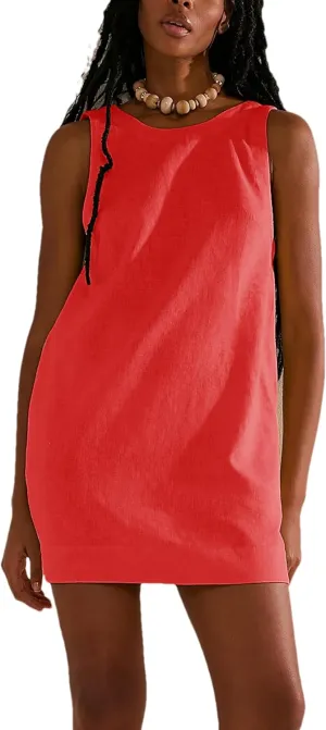 Womens Summer Open Back Sunshine Dresses 2024 Casual Beach Cotton Linen Mini Dress