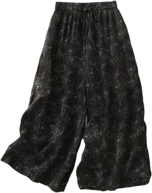 Women's Thin Wide Leg Pants Retro High Waist Floral Harem Pants Loose Straight Pants