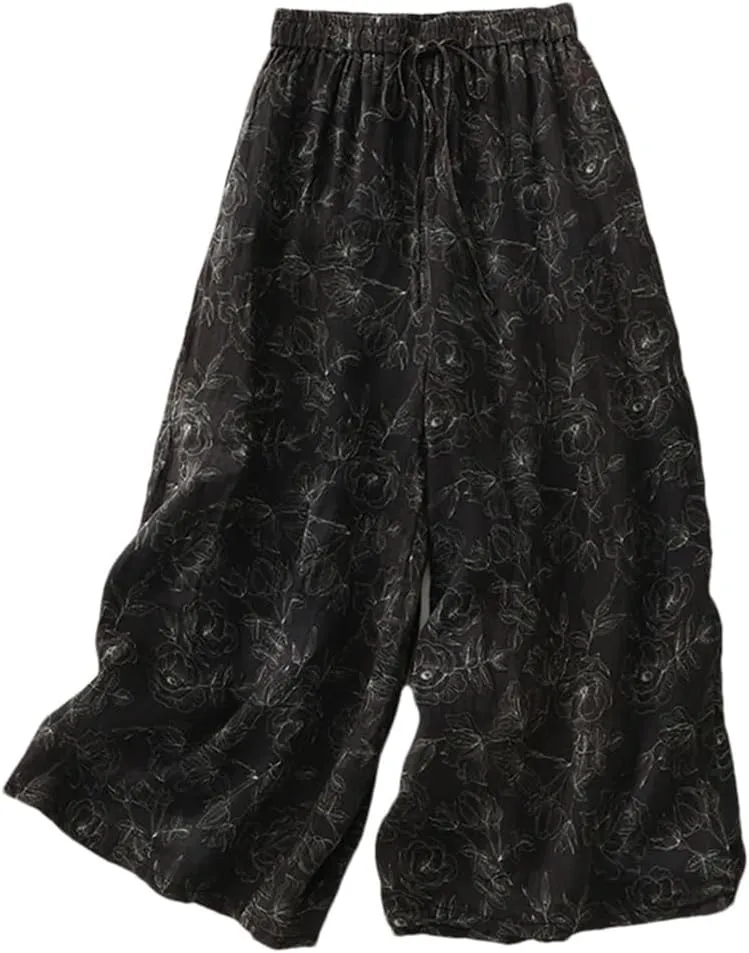 Women's Thin Wide Leg Pants Retro High Waist Floral Harem Pants Loose Straight Pants