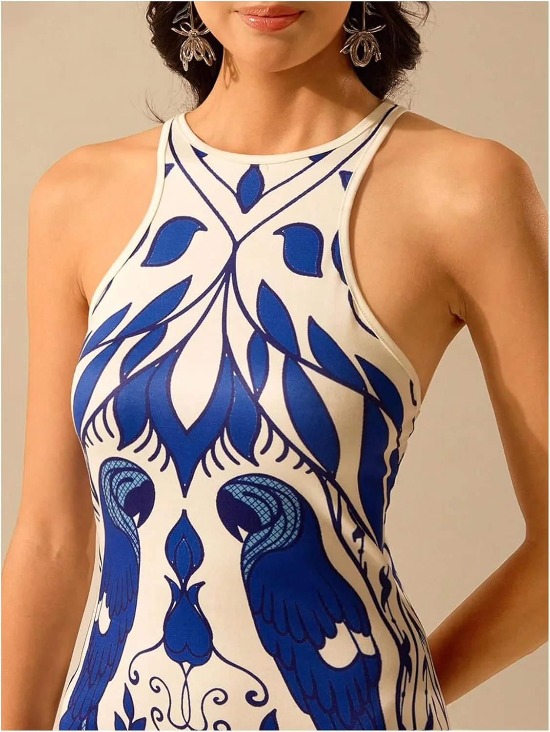 Women's Tropical Bodycon Tank Dress Elegant Summer Vacation Crewneck Split Thigh Long Maxi Dress Boho Sundress