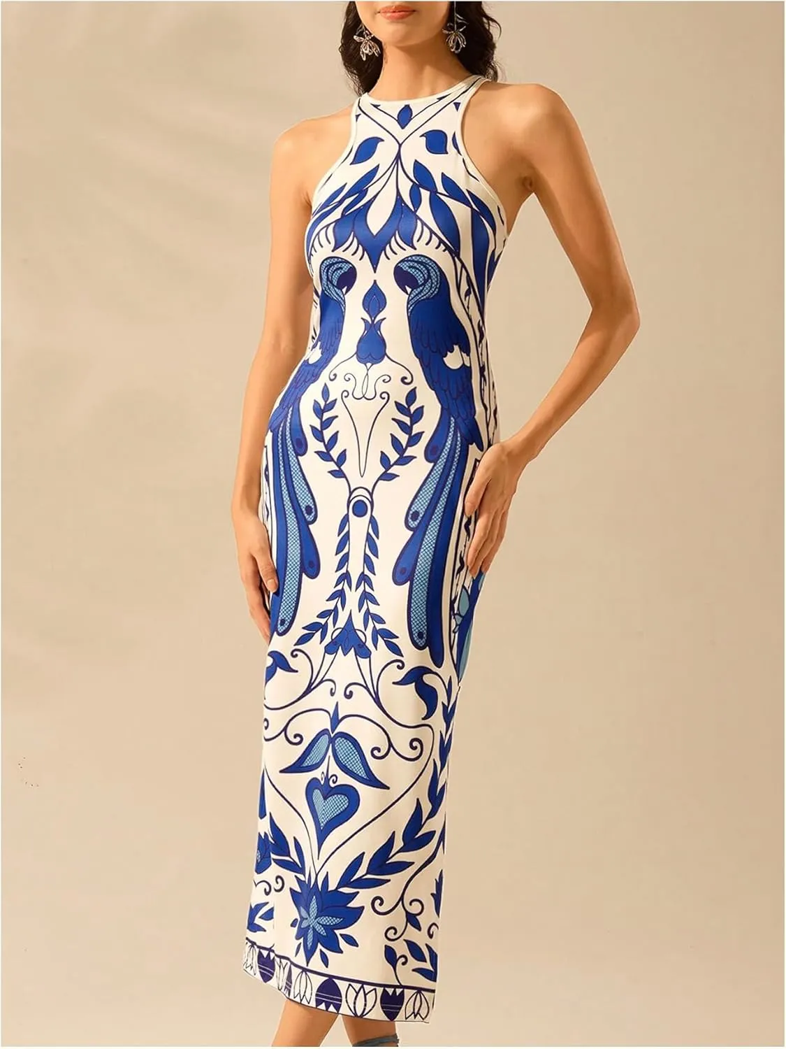 Women's Tropical Bodycon Tank Dress Elegant Summer Vacation Crewneck Split Thigh Long Maxi Dress Boho Sundress