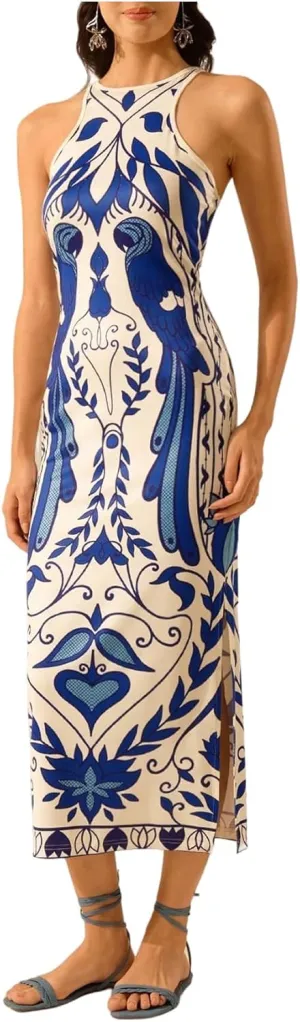 Women's Tropical Bodycon Tank Dress Elegant Summer Vacation Crewneck Split Thigh Long Maxi Dress Boho Sundress