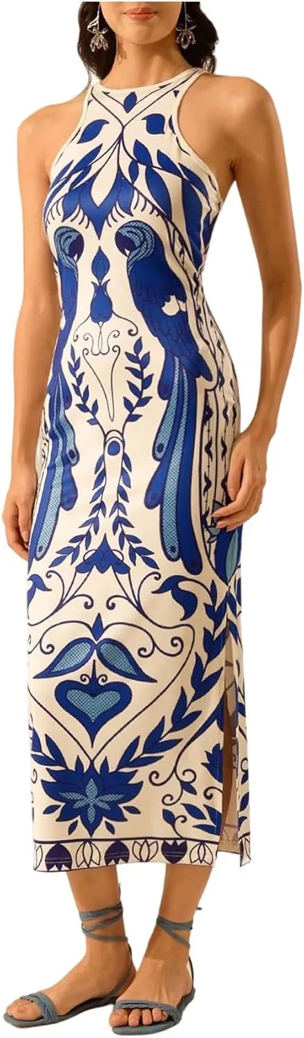 Women's Tropical Bodycon Tank Dress Elegant Summer Vacation Crewneck Split Thigh Long Maxi Dress Boho Sundress