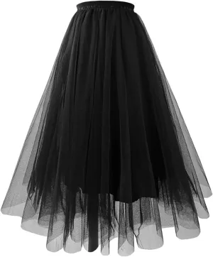 Womens Tulle Pleated Skirts Elastic High Waist Midi Length Tutu Skirts Prom Party Flowy Mesh A-Line Long Skirt