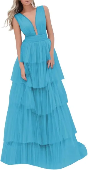 Women's Tulle Prom Dresses V Neck Ruffled Formal Evening Party Gowns Long Backless Ball Gowns A-Line