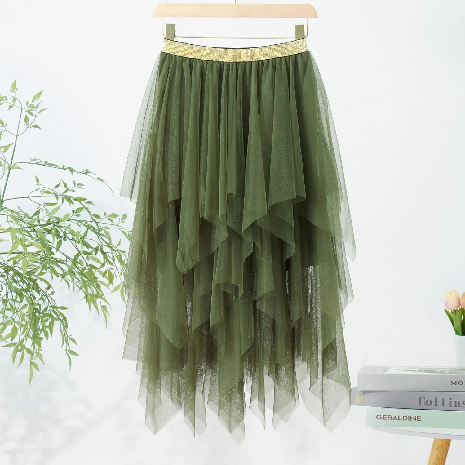 Women's Tulle Skirts Asymmetrical Pleated Tutu Midi Skirt Casual Cocktail Party High Elastic Waist Halloween Skirts