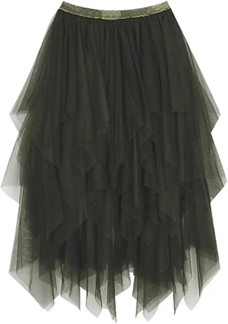 Women's Tulle Skirts Asymmetrical Pleated Tutu Midi Skirt Casual Cocktail Party High Elastic Waist Halloween Skirts
