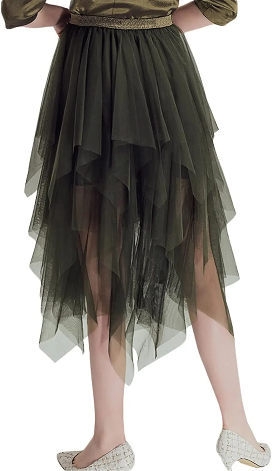 Women's Tulle Skirts Asymmetrical Pleated Tutu Midi Skirt Casual Cocktail Party High Elastic Waist Halloween Skirts