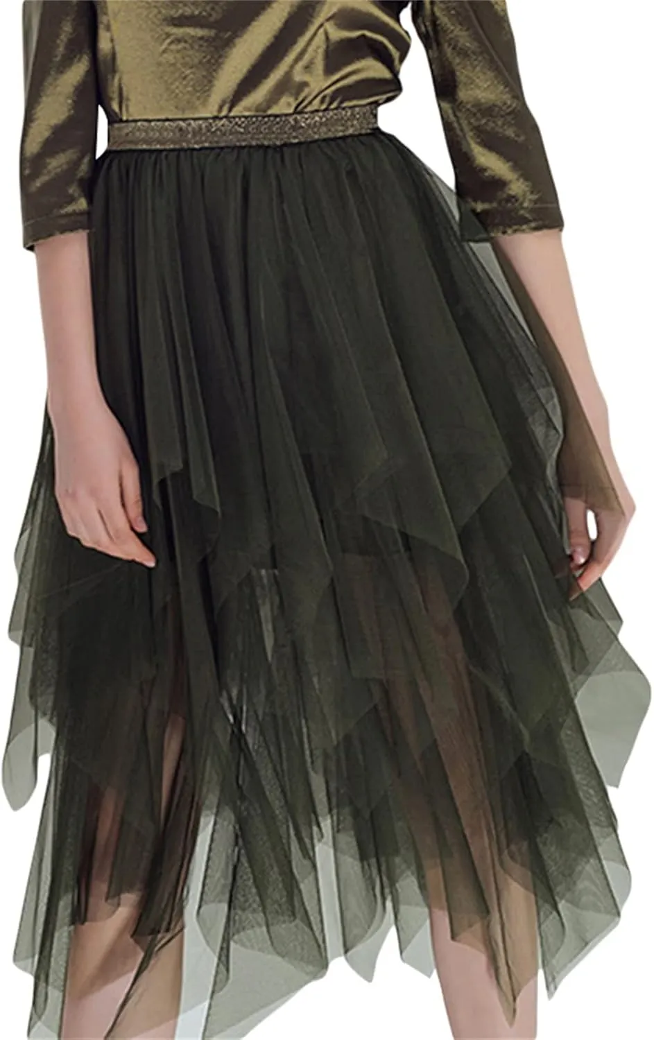Women's Tulle Skirts Asymmetrical Pleated Tutu Midi Skirt Casual Cocktail Party High Elastic Waist Halloween Skirts