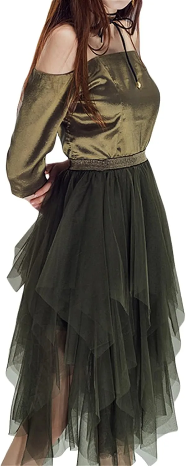 Women's Tulle Skirts Asymmetrical Pleated Tutu Midi Skirt Casual Cocktail Party High Elastic Waist Halloween Skirts