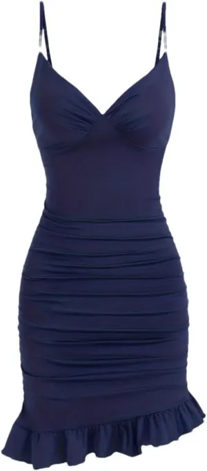 Women's V-Neck Solid Color Pleated Irregular Elastic Suspender Skirt