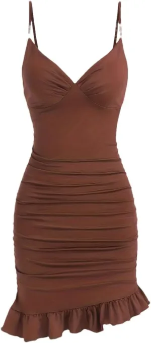 Women's V-Neck Solid Color Pleated Irregular Elastic Suspender Skirt
