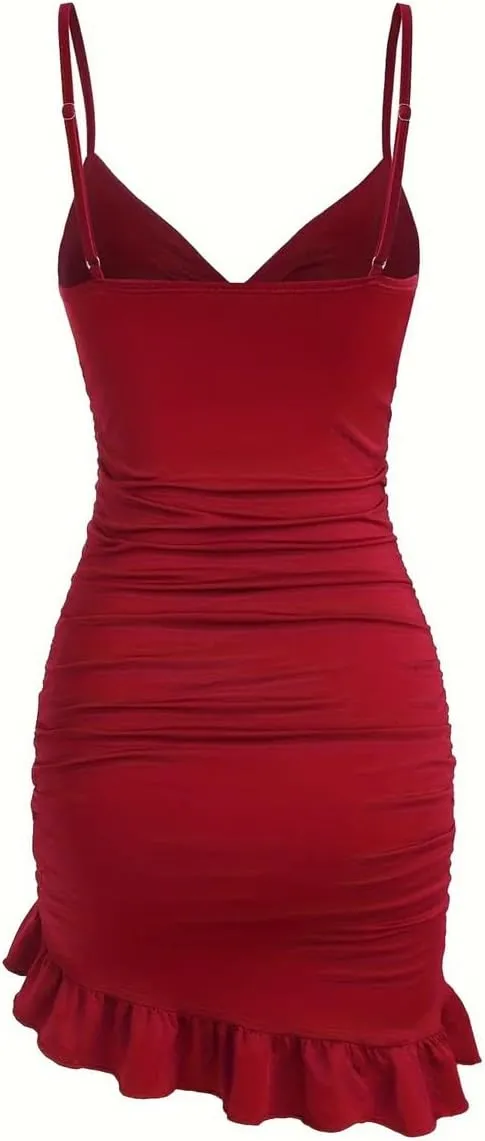 Women's V-Neck Solid Color Pleated Irregular Elastic Suspender Skirt