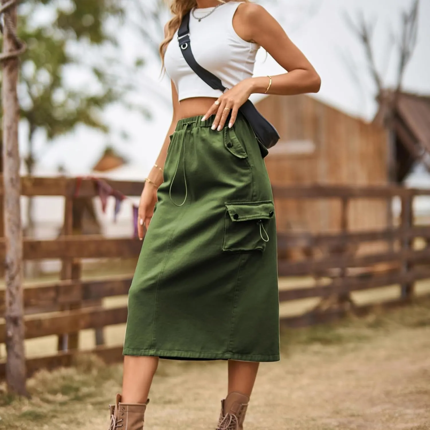 Womens Vintage Cargo Denim Midi Skirt Frayed Raw Hem Drawstring High Waist A-Line Long Jean Skirts with Pockets