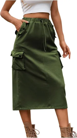 Womens Vintage Cargo Denim Midi Skirt Frayed Raw Hem Drawstring High Waist A-Line Long Jean Skirts with Pockets