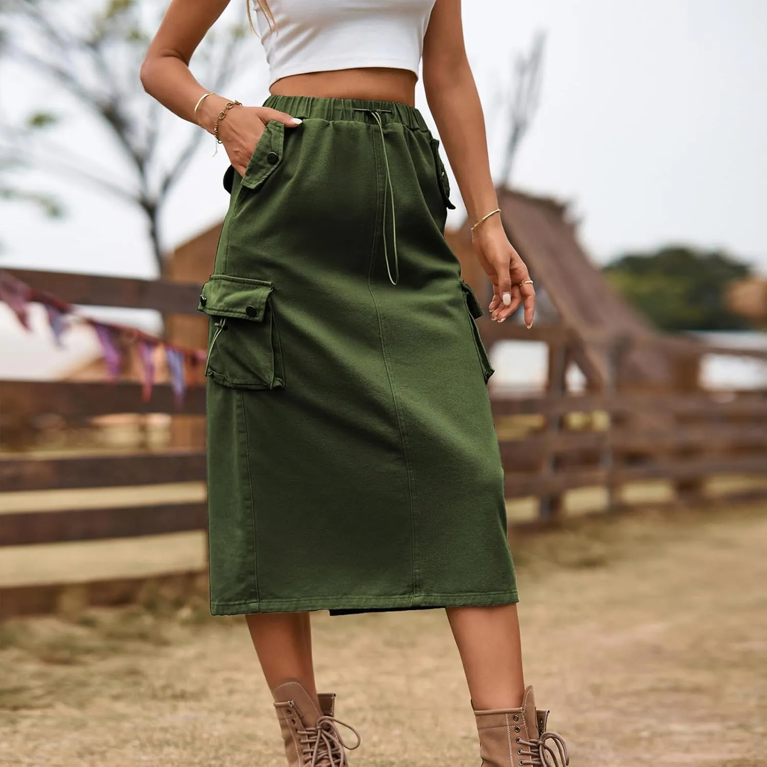 Womens Vintage Cargo Denim Midi Skirt Frayed Raw Hem Drawstring High Waist A-Line Long Jean Skirts with Pockets