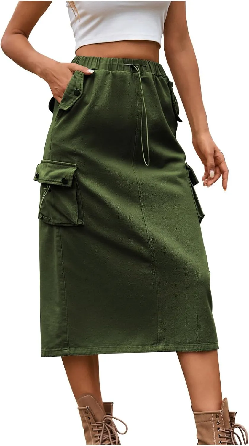 Womens Vintage Cargo Denim Midi Skirt Frayed Raw Hem Drawstring High Waist A-Line Long Jean Skirts with Pockets