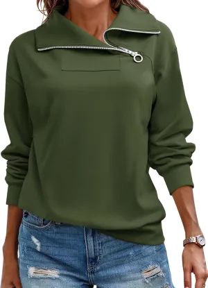 Womens Zipper Sweatshirt Turtleneck Long Sleeve Pullover Casual Loose Sweatshirts Top T Shirts
