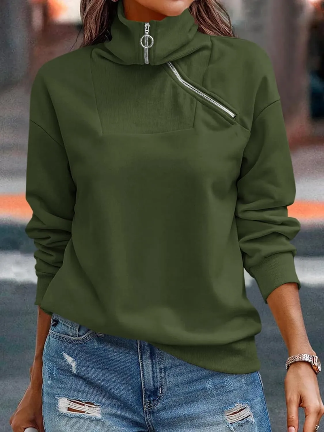 Womens Zipper Sweatshirt Turtleneck Long Sleeve Pullover Casual Loose Sweatshirts Top T Shirts