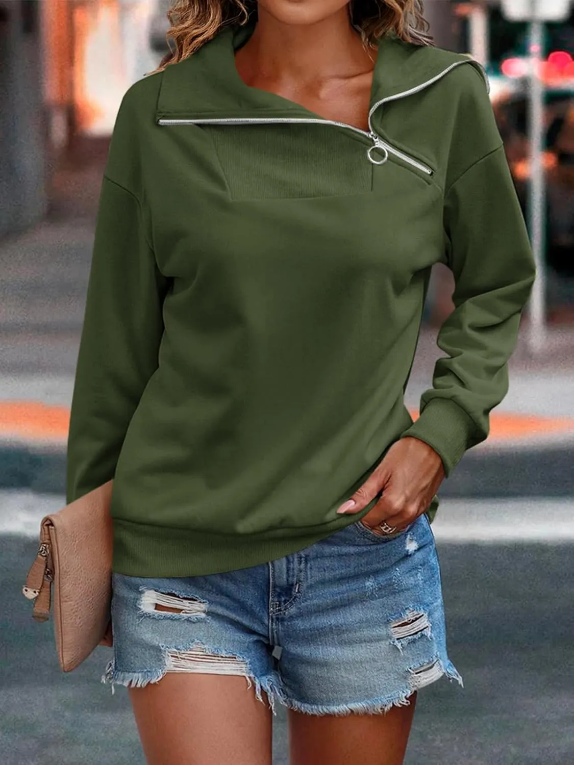 Womens Zipper Sweatshirt Turtleneck Long Sleeve Pullover Casual Loose Sweatshirts Top T Shirts
