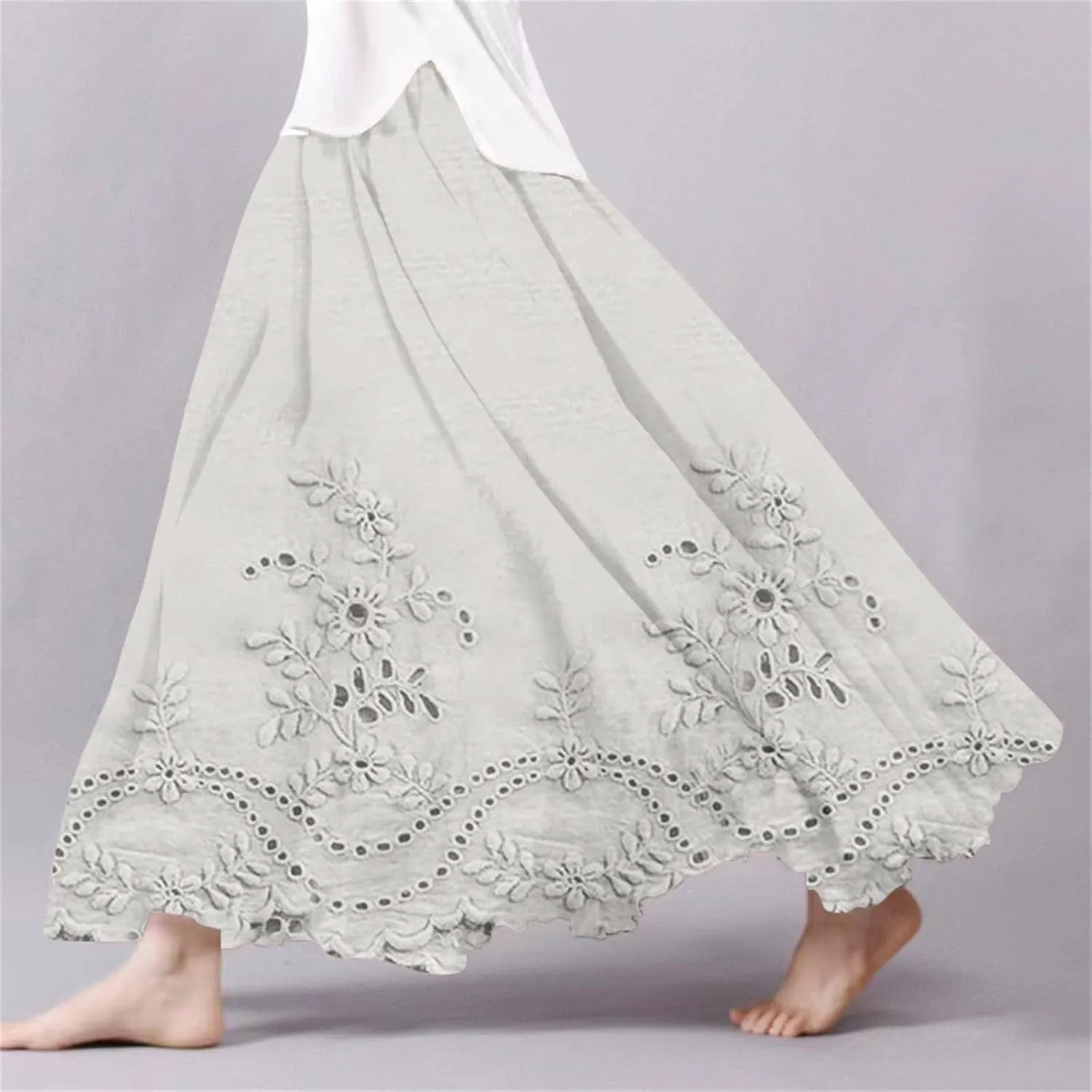 XOWRTE Women's Boho Casual Skirts Summer 2025 Lace Embroidery Elastic Waist Flowy Tiered A-Line Beach Maxi Skirt Swing Cute