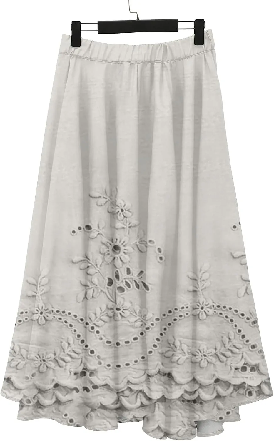 XOWRTE Women's Boho Casual Skirts Summer 2025 Lace Embroidery Elastic Waist Flowy Tiered A-Line Beach Maxi Skirt Swing Cute