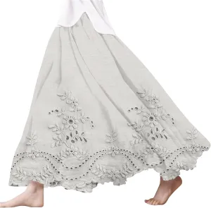 XOWRTE Women's Boho Casual Skirts Summer 2025 Lace Embroidery Elastic Waist Flowy Tiered A-Line Beach Maxi Skirt Swing Cute