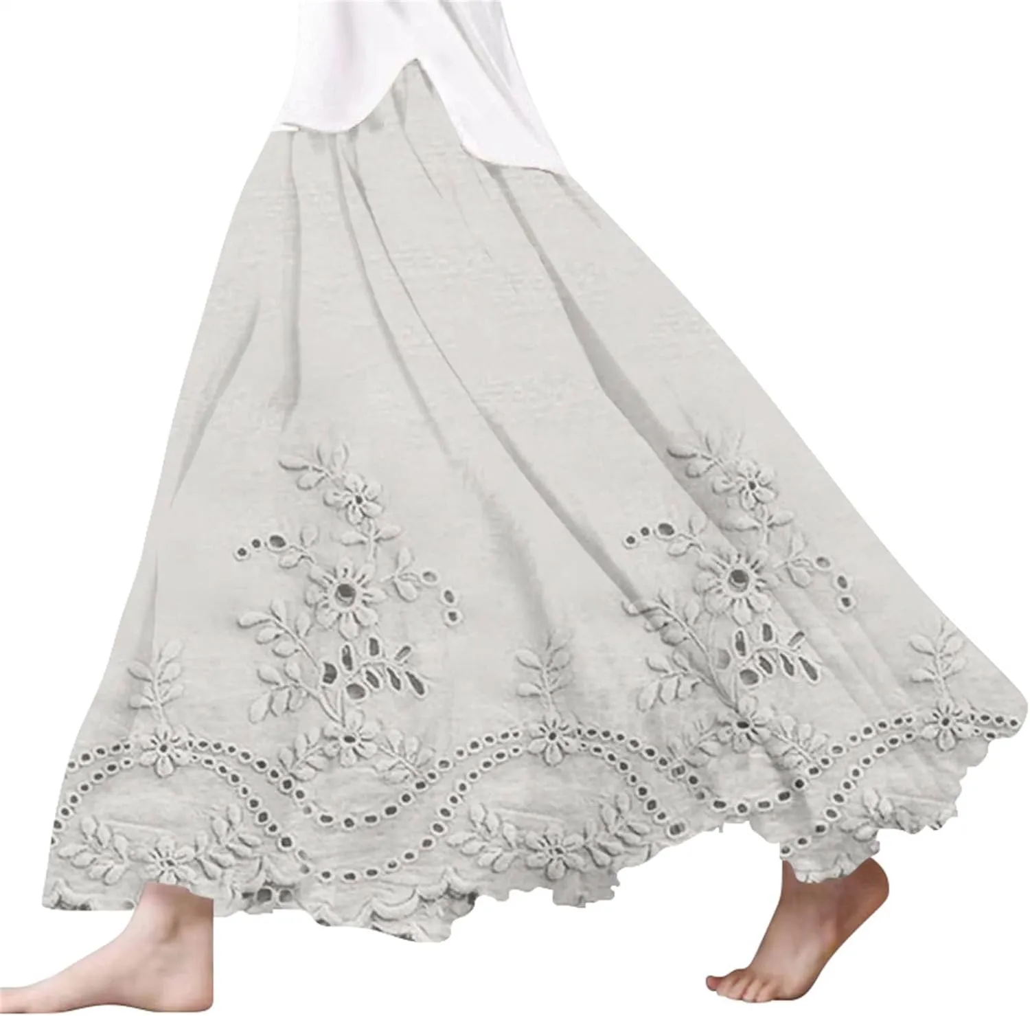 XOWRTE Women's Boho Casual Skirts Summer 2025 Lace Embroidery Elastic Waist Flowy Tiered A-Line Beach Maxi Skirt Swing Cute