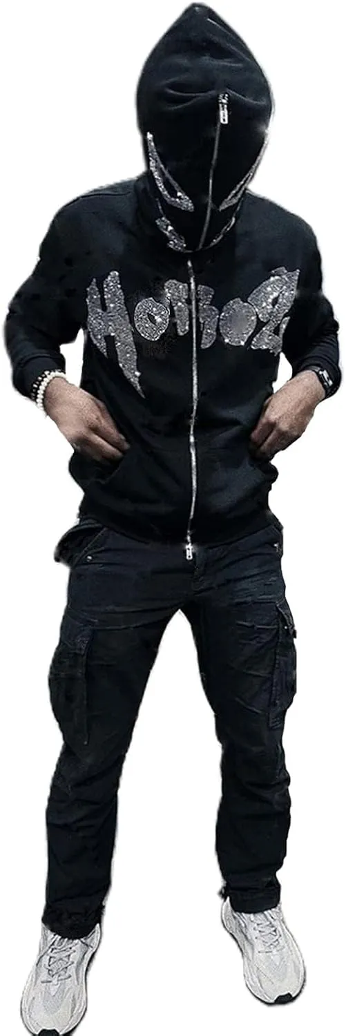 Y2k Black Rhinestone Zip Up Hoodie Women Oversized Sweatshirt Grunge Aesthetic Hoodies Men Casual Jackets Streetwears