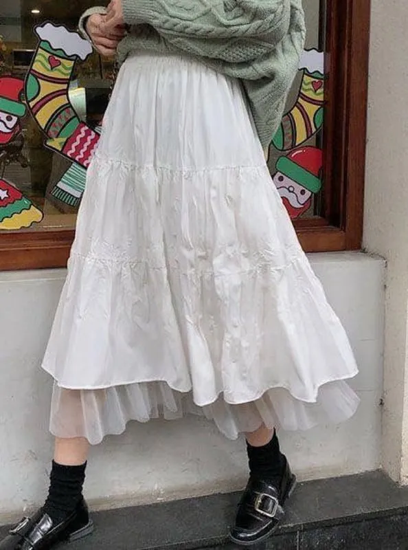 Y2K Fairycore Lace Trim White Long Skirts Ruched Low Rise A Line Maxi Skirts Pleated Boho Midi Skirts Harajuku Outfit