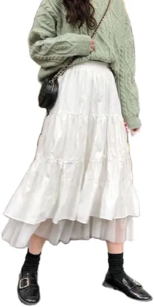 Y2K Fairycore Lace Trim White Long Skirts Ruched Low Rise A Line Maxi Skirts Pleated Boho Midi Skirts Harajuku Outfit