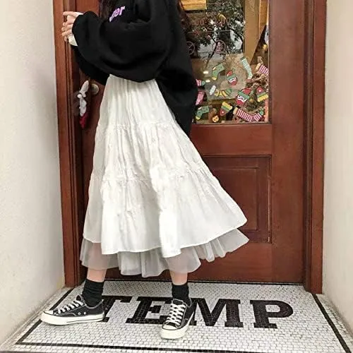 Y2K Fairycore Lace Trim White Long Skirts Ruched Low Rise A Line Maxi Skirts Pleated Boho Midi Skirts Harajuku Outfit