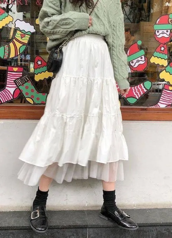 Y2K Fairycore Lace Trim White Long Skirts Ruched Low Rise A Line Maxi Skirts Pleated Boho Midi Skirts Harajuku Outfit