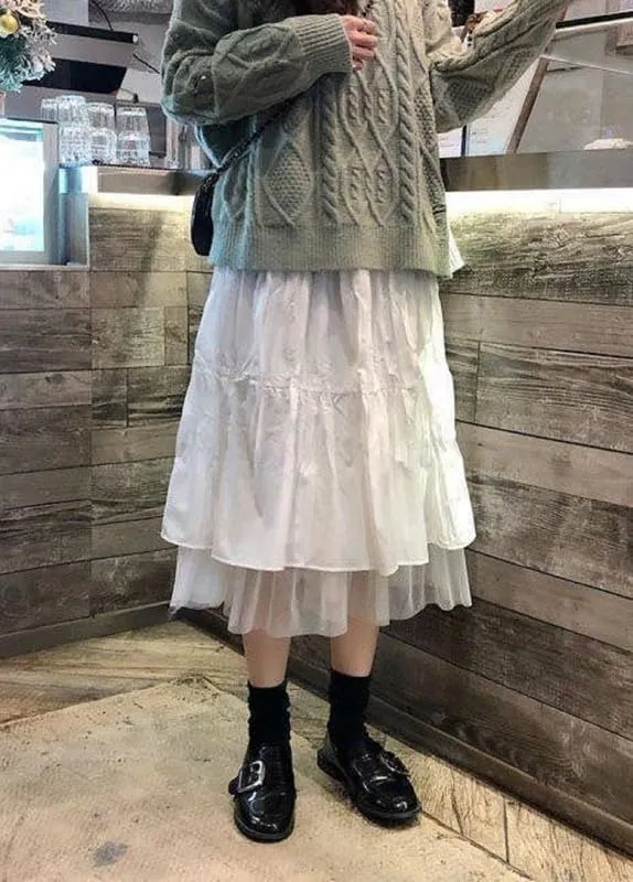 Y2K Fairycore Lace Trim White Long Skirts Ruched Low Rise A Line Maxi Skirts Pleated Boho Midi Skirts Harajuku Outfit