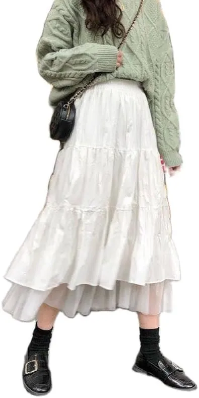 Y2K Fairycore Lace Trim White Long Skirts Ruched Low Rise A Line Maxi Skirts Pleated Boho Midi Skirts Harajuku Outfit