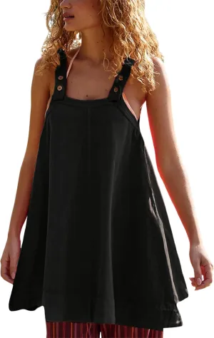Yeokou Women Mini Dress Sleeveless A-Line Adjustable Button Straps Scoop Neck Cropped Loose Slip Dress with Pockets