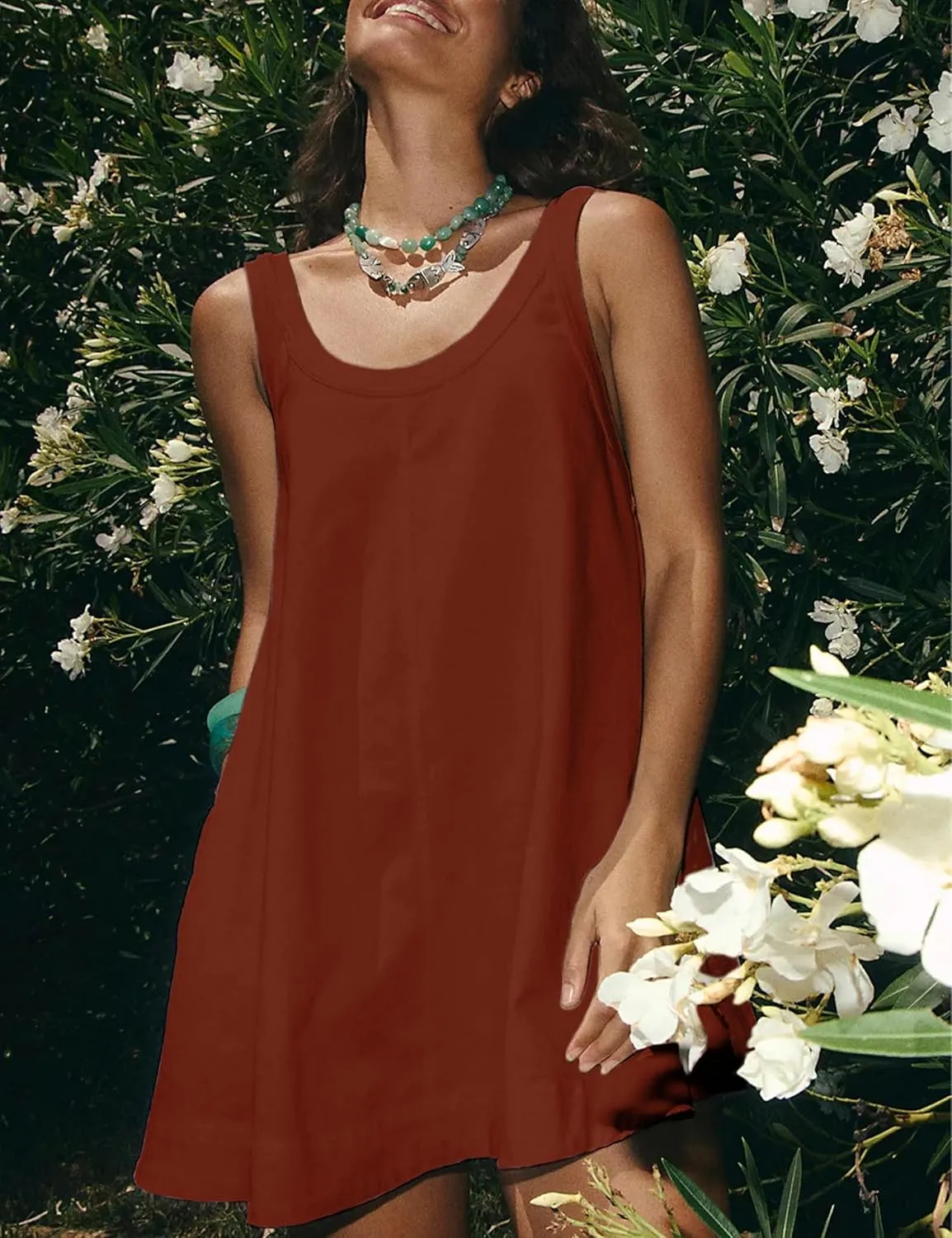 Yeokou Women Mini Dress Sleeveless A-Line Adjustable Button Straps Scoop Neck Cropped Loose Slip Dress with Pockets