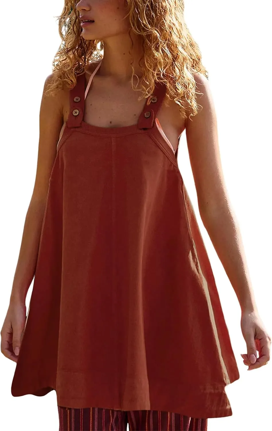 Yeokou Women Mini Dress Sleeveless A-Line Adjustable Button Straps Scoop Neck Cropped Loose Slip Dress with Pockets