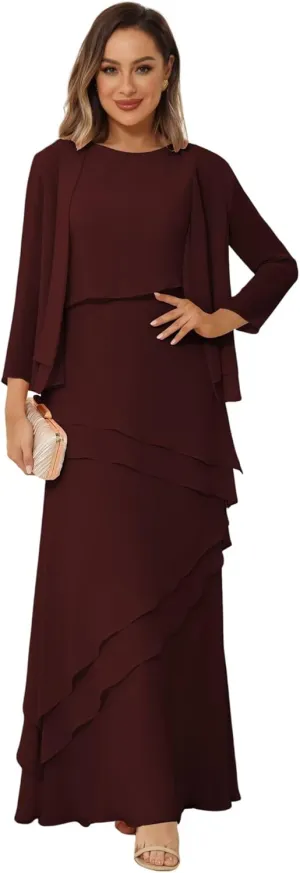 YOFF 2 Pieces Mother of The Bride Dresses with Jacket Long Sleeve Chiffon Long Formal Dress with Ruffles YO169