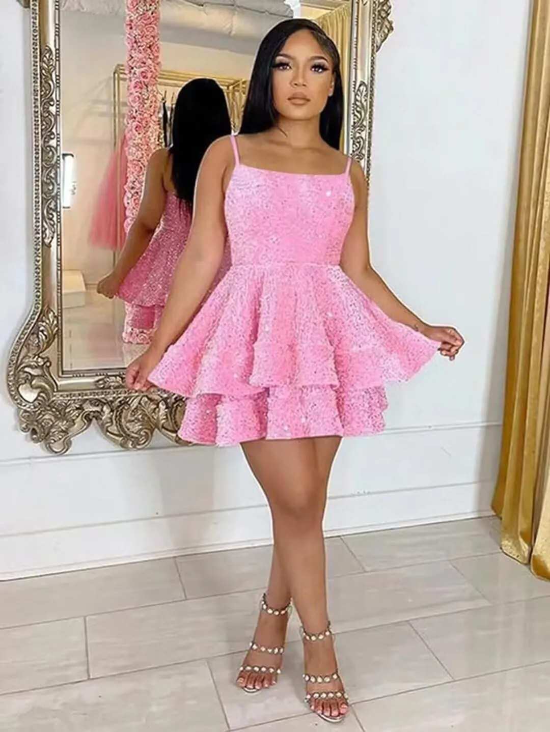 YOFF Sequin Short Homecoming Dresses for Teens 2025 Sparkly Spaghetti Straps Sweet 16 Prom Cocktail Dress YO070