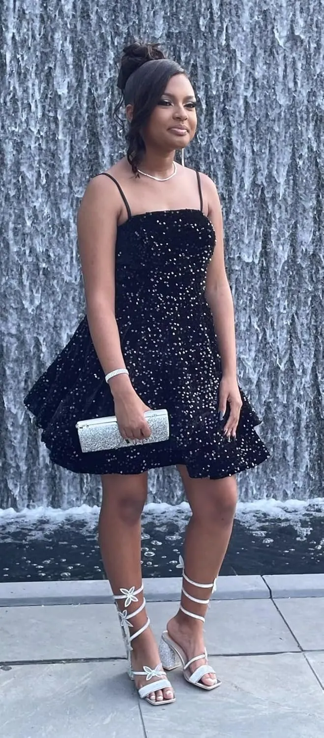 YOFF Sequin Short Homecoming Dresses for Teens 2025 Sparkly Spaghetti Straps Sweet 16 Prom Cocktail Dress YO070