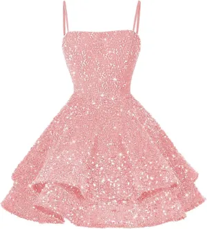 YOFF Sequin Short Homecoming Dresses for Teens 2025 Sparkly Spaghetti Straps Sweet 16 Prom Cocktail Dress YO070